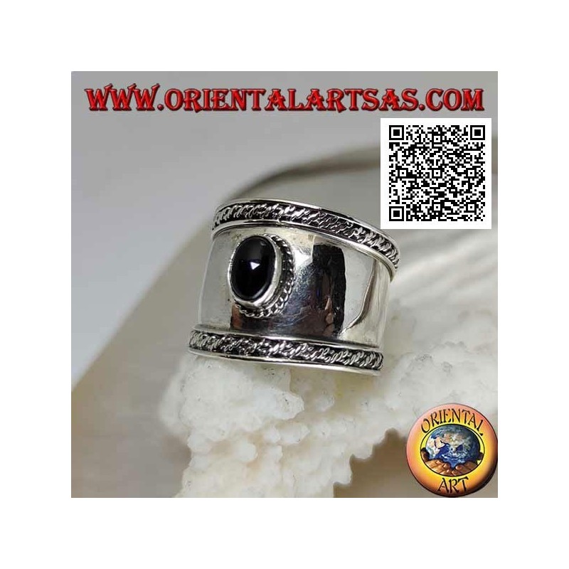 Wide band silver ring with oval onyx and intertwining on the sides, Bali
