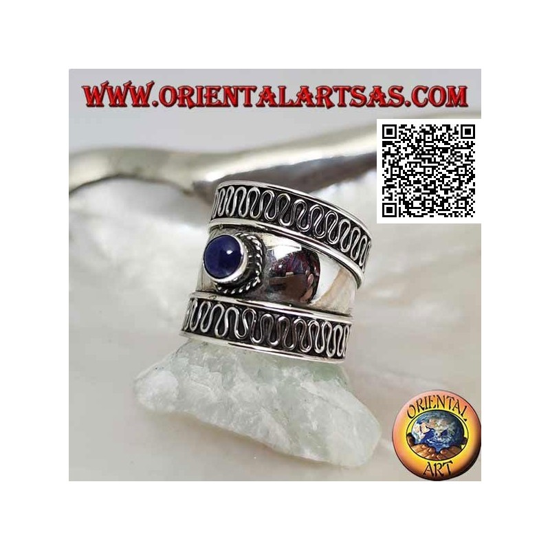 Wide band silver ring with round lapis lazuli and serpentine on the sides, Bali