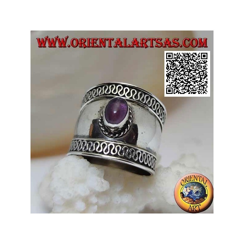 Wide band silver ring with oval cabochon amethyst and serpentine on the sides, Bali