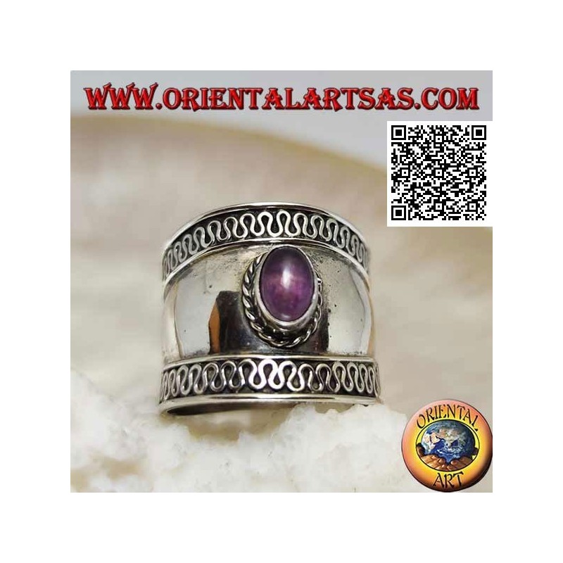 Wide band silver ring with oval cabochon amethyst and serpentine on the sides, Bali