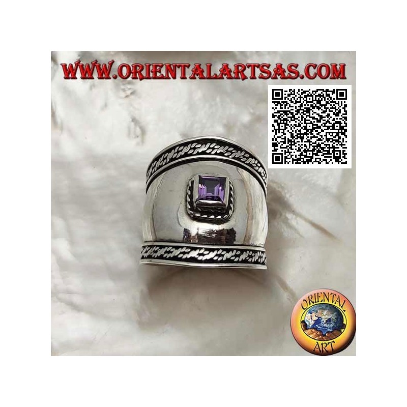 Wide band silver ring with faceted square amethyst and intertwining on the sides, Bali
