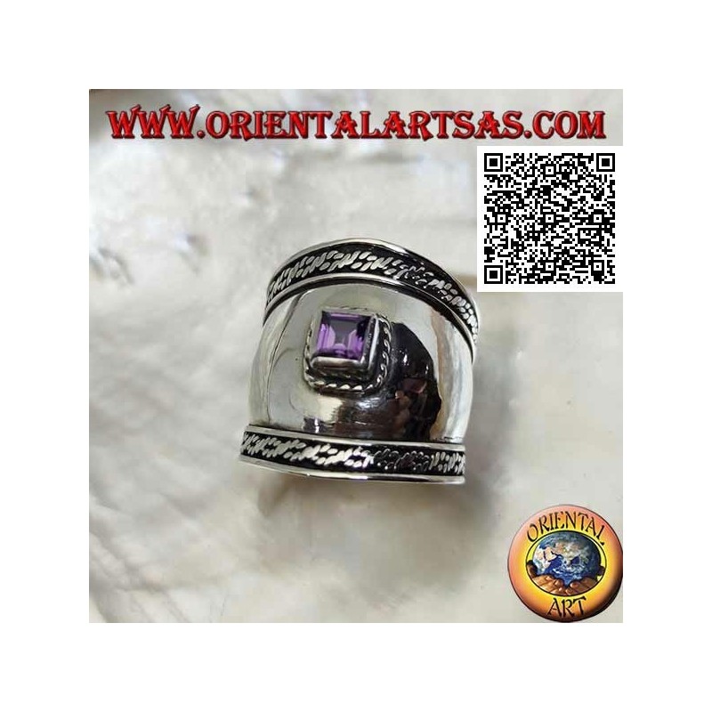 Wide band silver ring with faceted square amethyst and intertwining on the sides, Bali