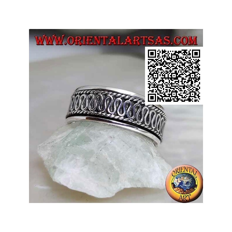 Anello fedina in argento girevole antistress, con serpentina centrale tra cordine