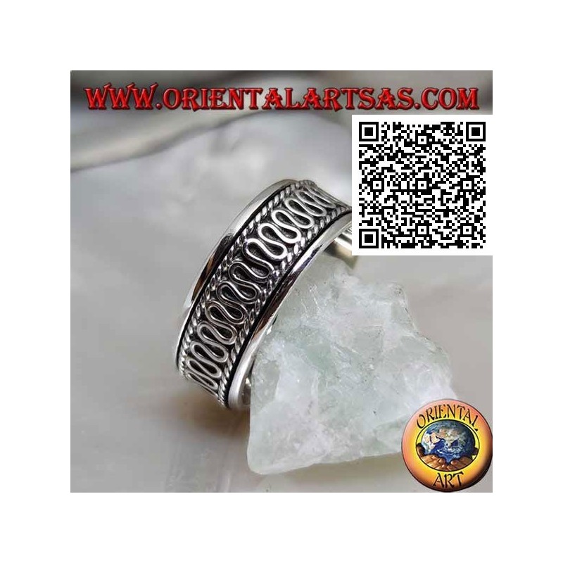 Aro de plata giratorio antiestrés, con serpentina central entre cordones