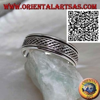 Anillo de plata giratorio antiestrés, dos líneas onduladas entrelazadas entre sí