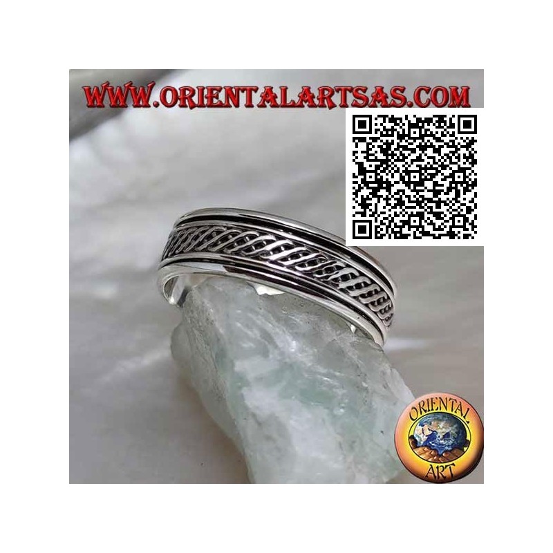 Anillo de plata giratorio antiestrés, dos líneas onduladas entrelazadas entre sí