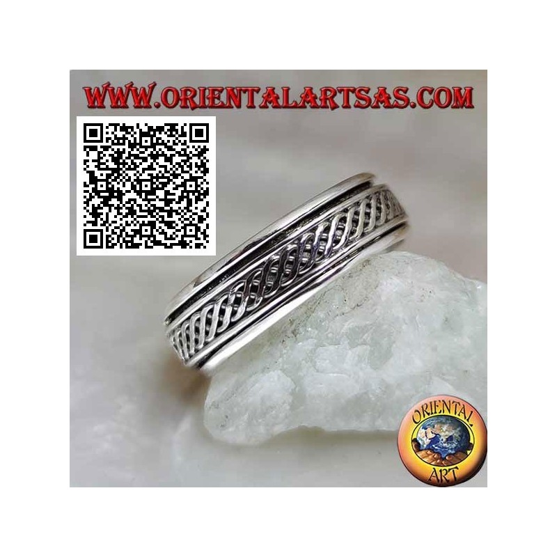 Anello fedina in argento girevole antistress, due linea ondulata intrecciate tra loro