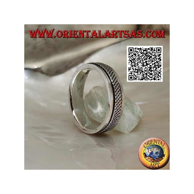 Anello fedina in argento girevole antistress, reticolo intrecciato a X
