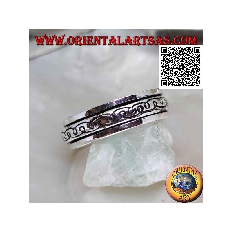 Anello fedina in argento girevole antistress, due linee curve ad "e" a specchio