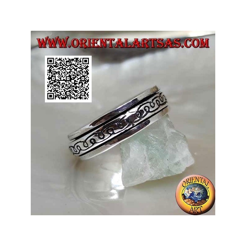 Anillo de plata giratorio antiestrés, dos líneas curvas en forma de "e" de espejo