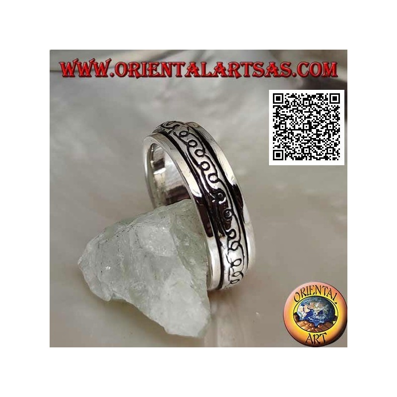 Anello fedina in argento girevole antistress, due linee curve ad "e" a specchio