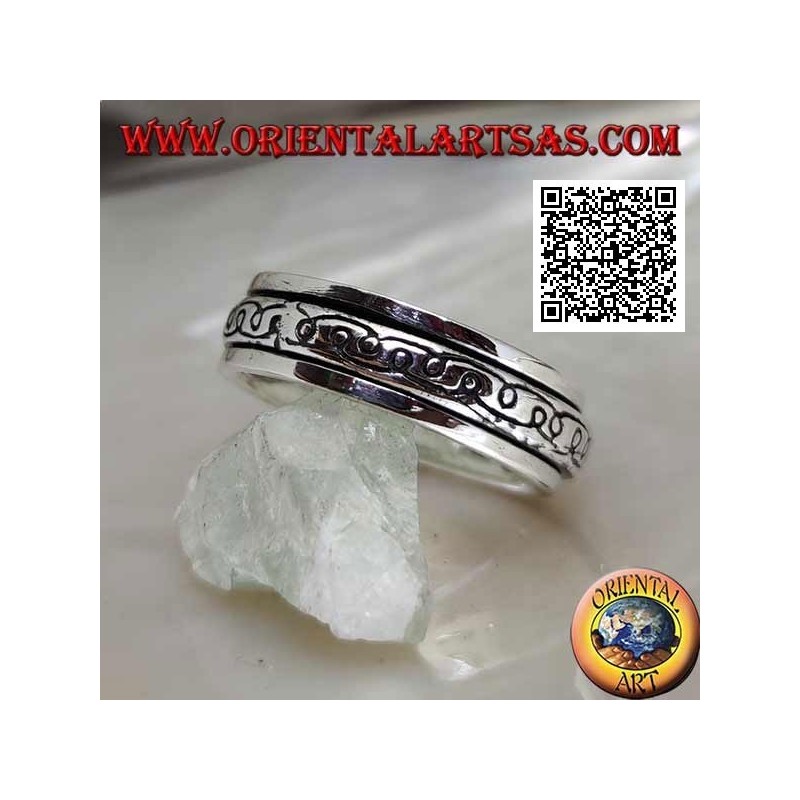 Anillo de plata giratorio antiestrés, dos líneas curvas en forma de "e" de espejo