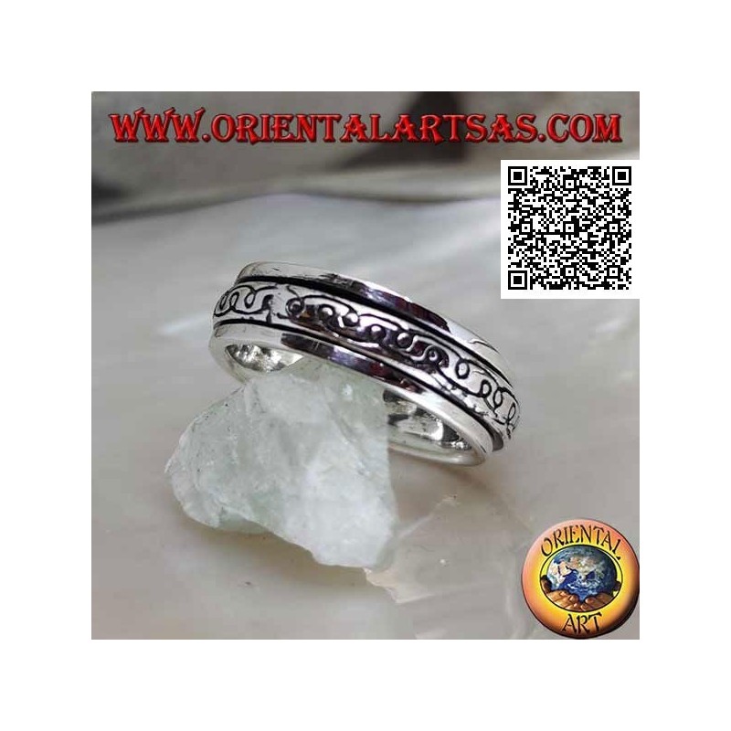 Anello fedina in argento girevole antistress, due linee curve ad "e" a specchio