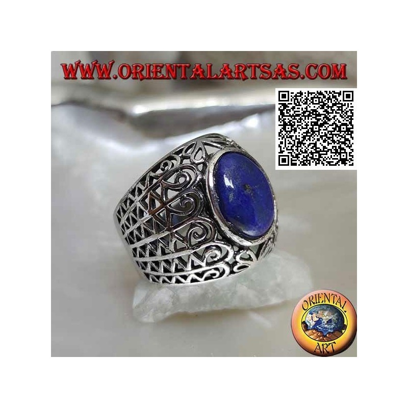 Silver ring with oval lapis lazuli on a wide rounded band with openwork decoration