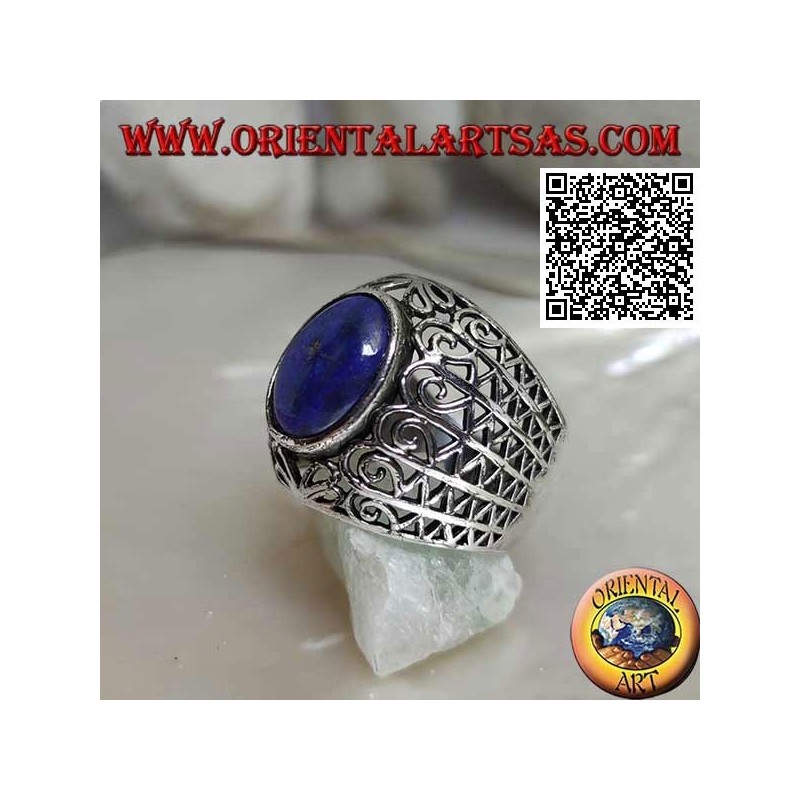 Silver ring with oval lapis lazuli on a wide rounded band with openwork decoration