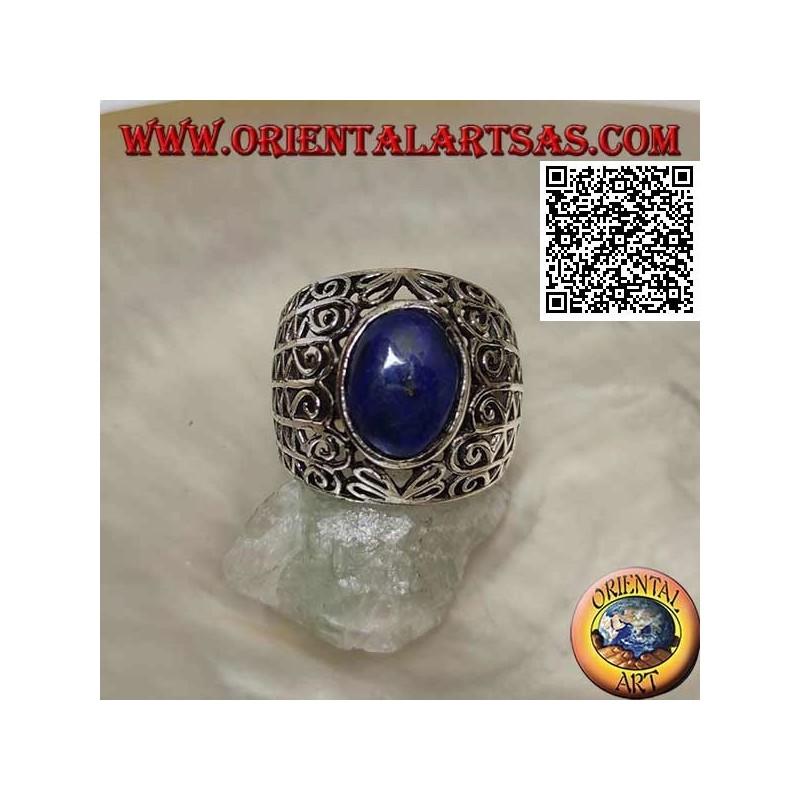 Silver ring with oval lapis lazuli on a wide rounded band with openwork decoration