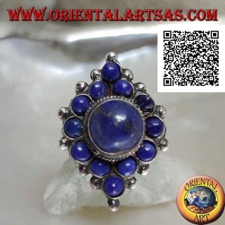 Rhomboidaler Silberring mit rundem Lapislazuli und zentralem rundem Cabochon-Lapislazuli