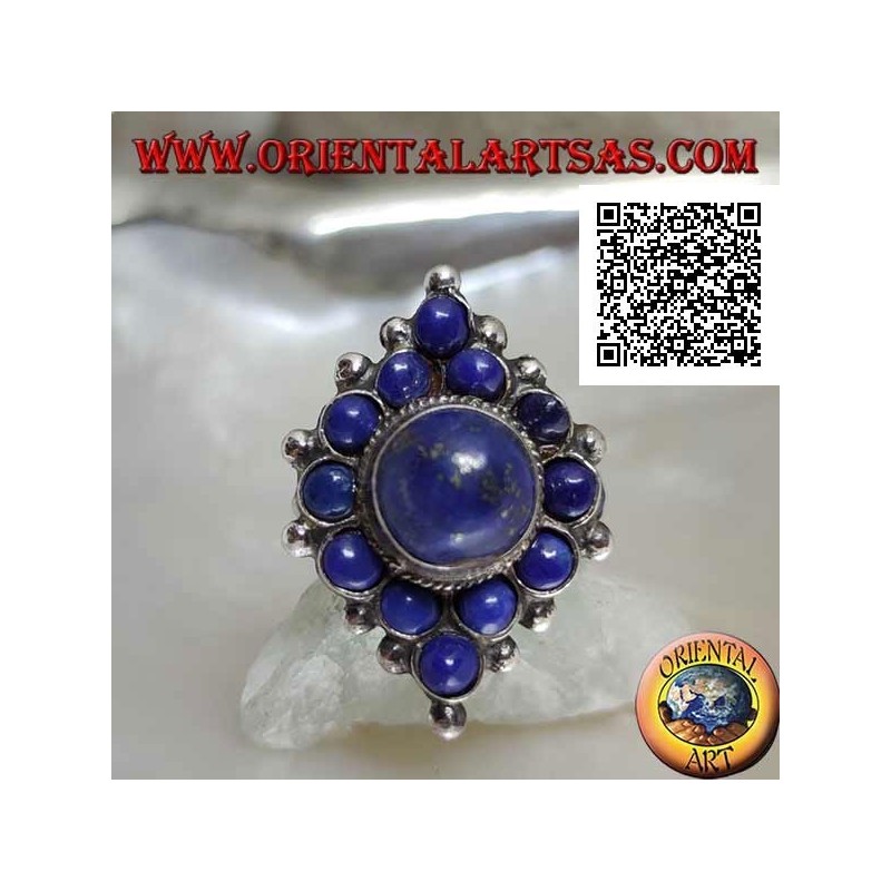 Rhomboidal silver ring with round lapis lazuli and central round cabochon lapis lazuli