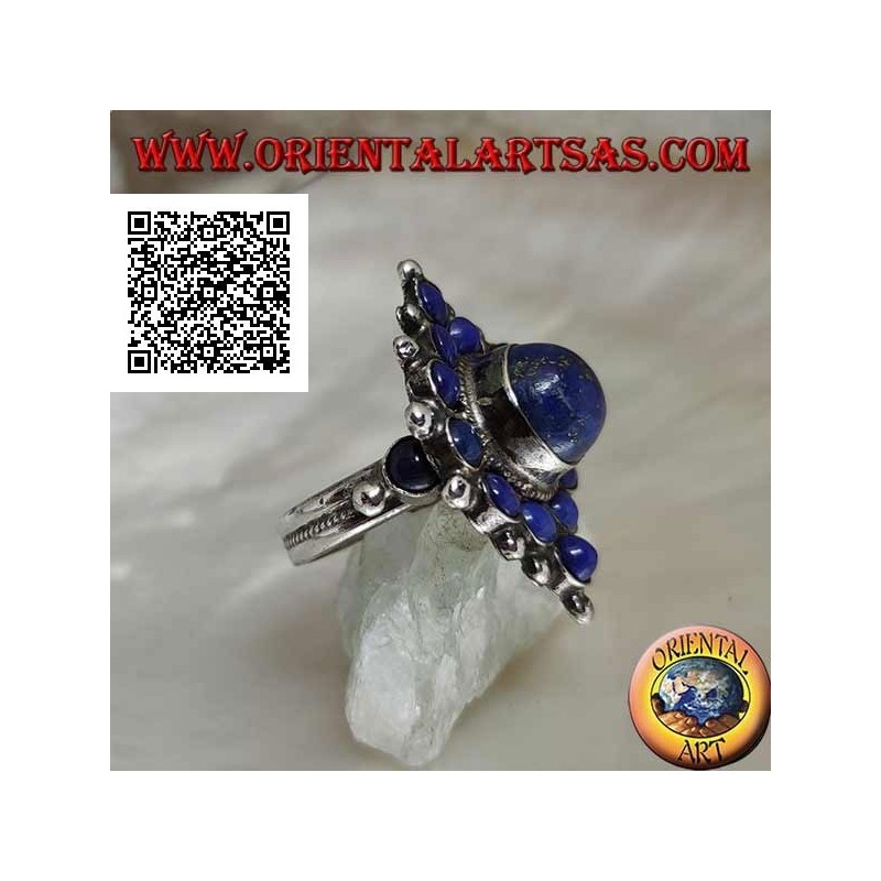 Rhomboidaler Silberring mit rundem Lapislazuli und zentralem rundem Cabochon-Lapislazuli