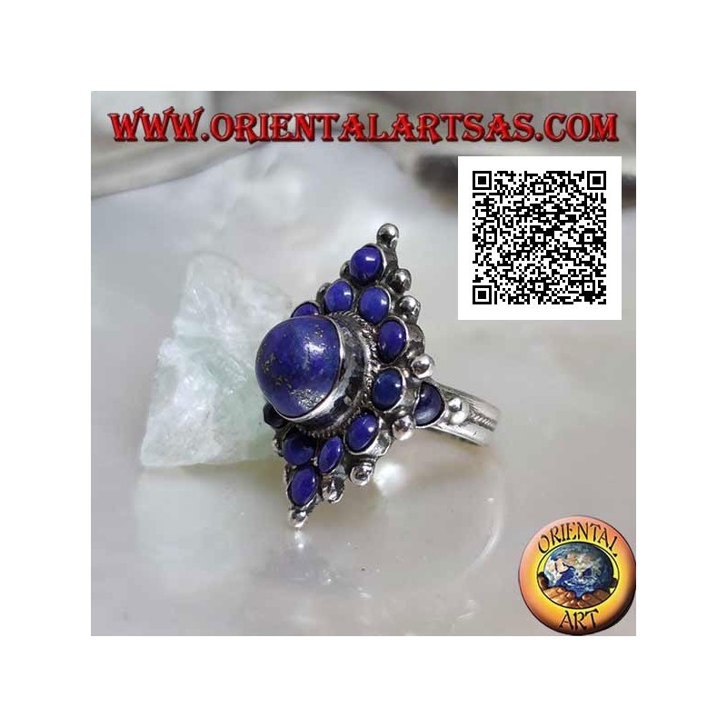Rhomboidal silver ring with round lapis lazuli and central round cabochon lapis lazuli