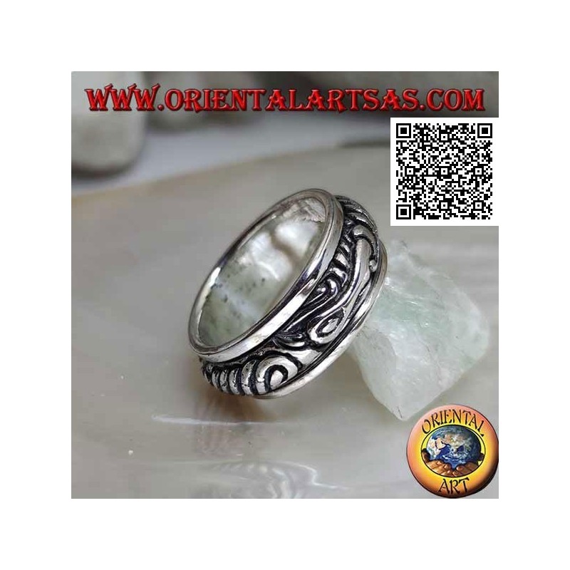 Anti-stress rotating silver ring, rounded with engraved Maori motif