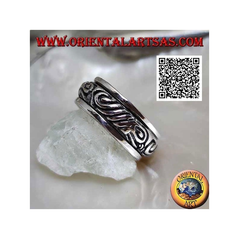 Bague tournante anti-stress en argent, convexe avec motif maori gravé