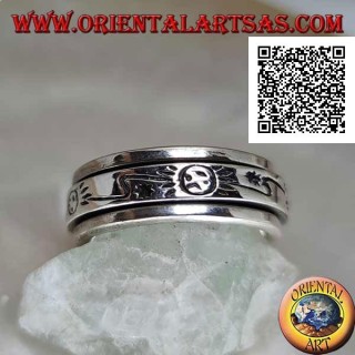 Swivel antistress silver ring, smooth with stylized sun and lightning bolt engraved