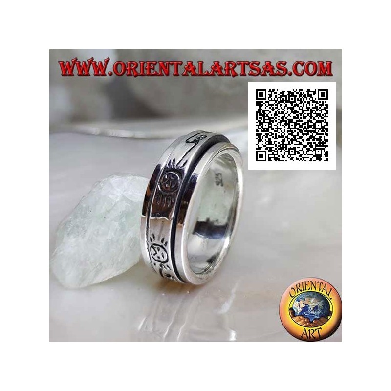 Bague en argent antistress pivotante, lisse avec soleil stylisé et éclair gravé