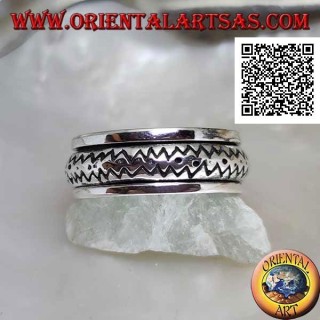 Bague en argent rotative anti-stress, arrondie avec double ligne en zigzag gravée