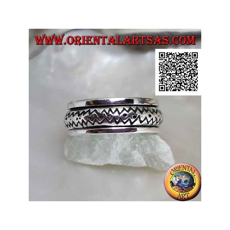 Anello fedina in argento girevole antistress, bombato con doppia linea zig zag incisa