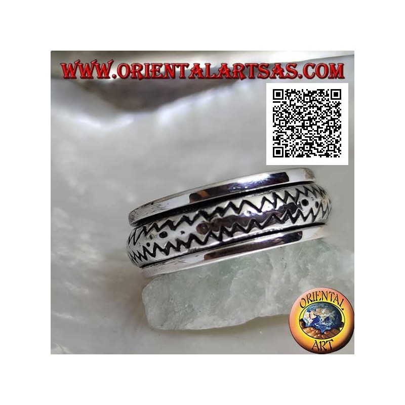 Anti-stress rotating silver ring, convex with double engraved zig zag line