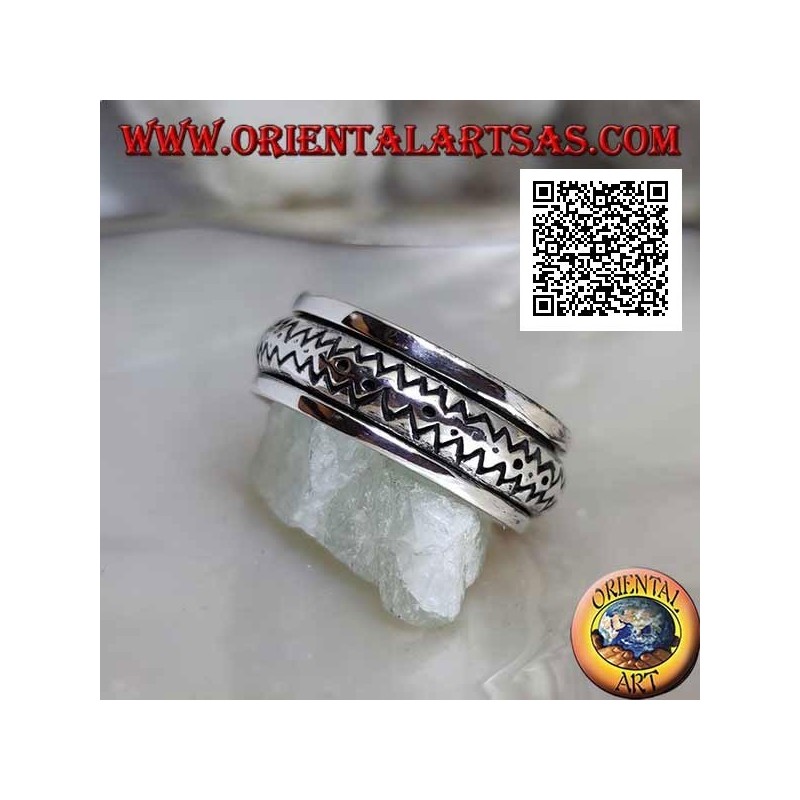 Anello fedina in argento girevole antistress, bombato con doppia linea zig zag incisa