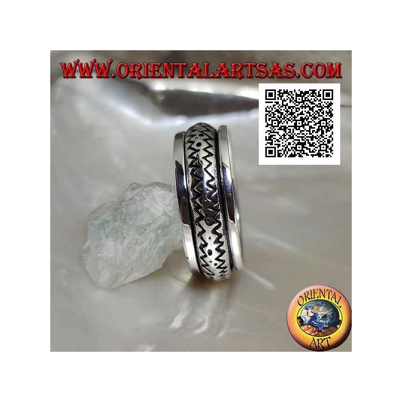 Anti-stress rotating silver ring, convex with double engraved zig zag line