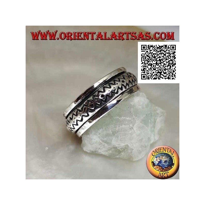 Anti-stress rotating silver ring, convex with double engraved zig zag line