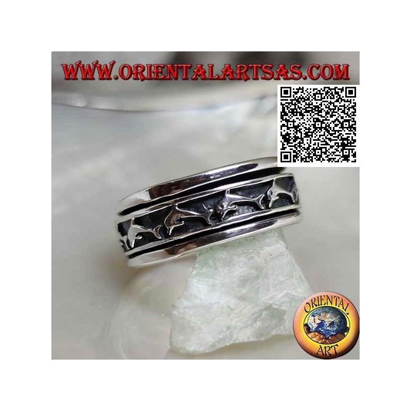 Anello in argento a fascia girevole antistress, con delfini in fila