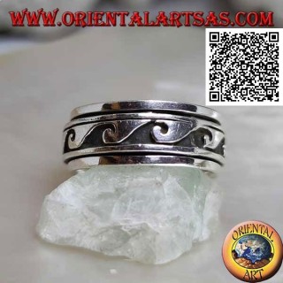 Anello fedina in argento girevole antistress, grandi onde in bassorilievo in successione