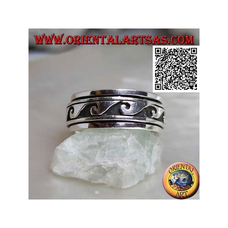Anillo de plata giratorio antiestrés, grandes ondas sucesivas en bajorrelieve