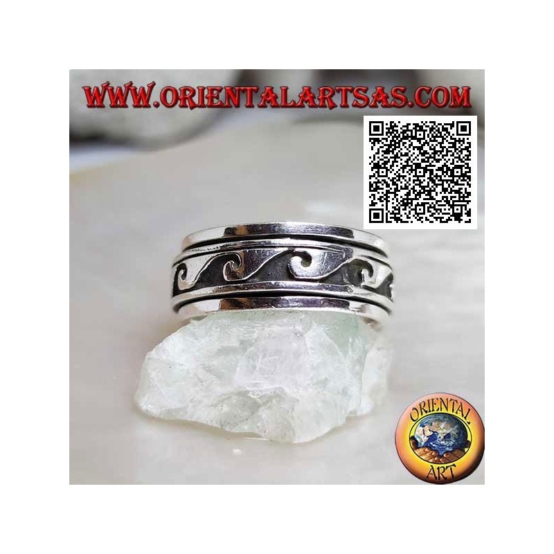 Anillo de plata giratorio antiestrés, grandes ondas sucesivas en bajorrelieve