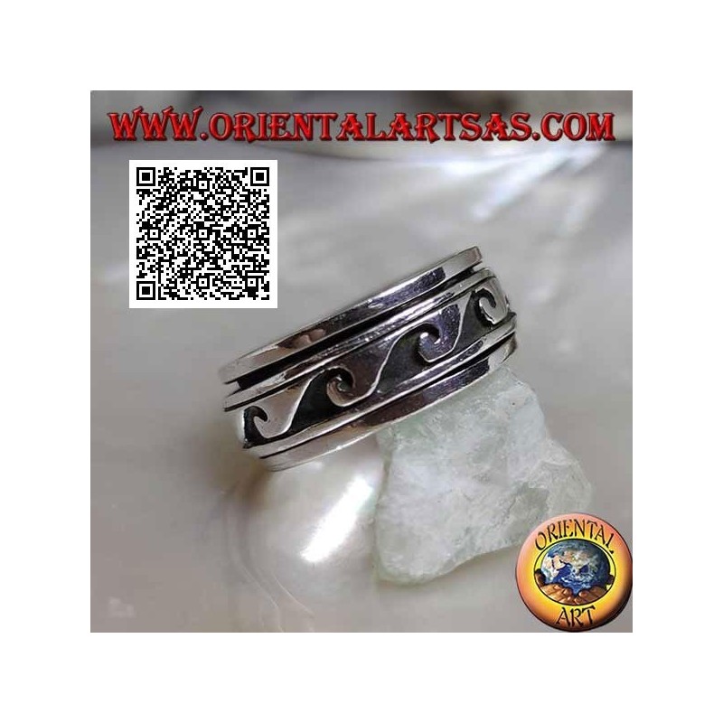 Anello fedina in argento girevole antistress, grandi onde in bassorilievo in successione