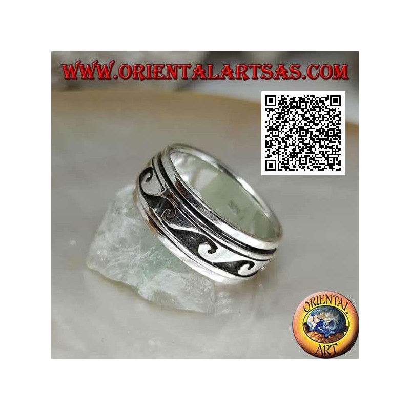 Anillo de plata giratorio antiestrés, grandes ondas sucesivas en bajorrelieve