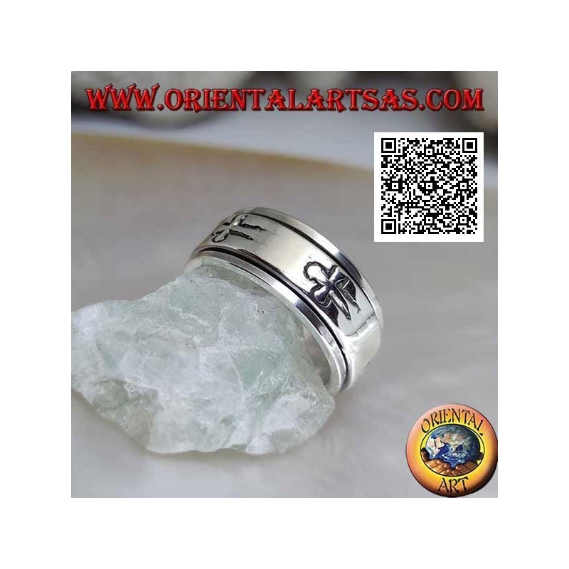 Bague en argent antistress rotative, lisse avec croix latines gravées