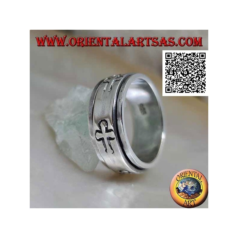 Anillo giratorio antiestrés de plata liso con cruces latinas grabadas