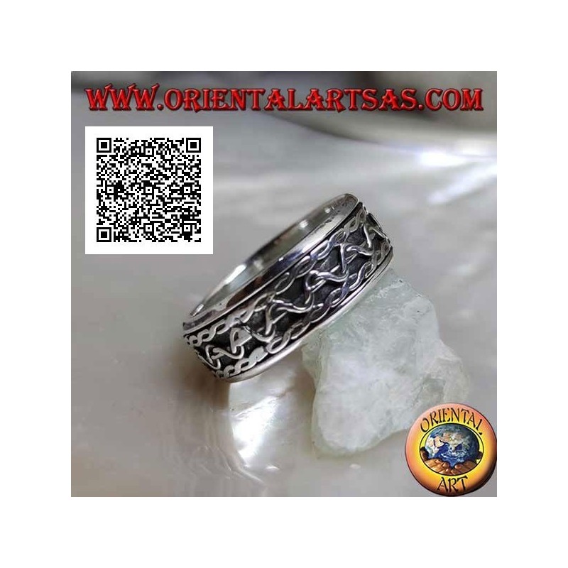 Anello fedina in argento girevole antistress, linee intrecciate con movimento ad onda centrale