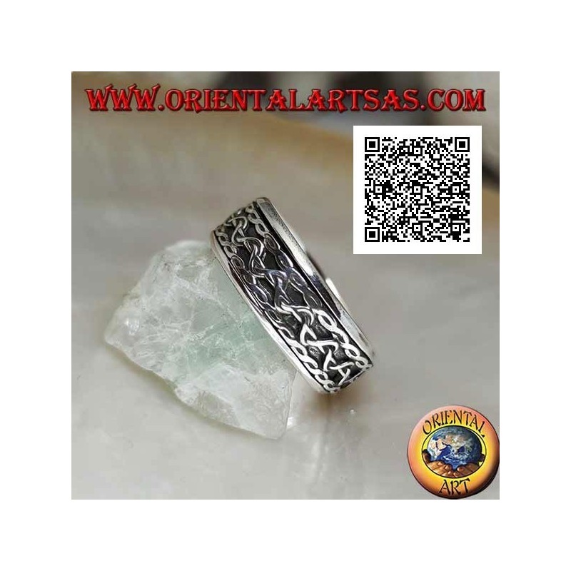 Anillo de plata giratorio antiestrés, líneas entrelazadas con movimiento de onda central