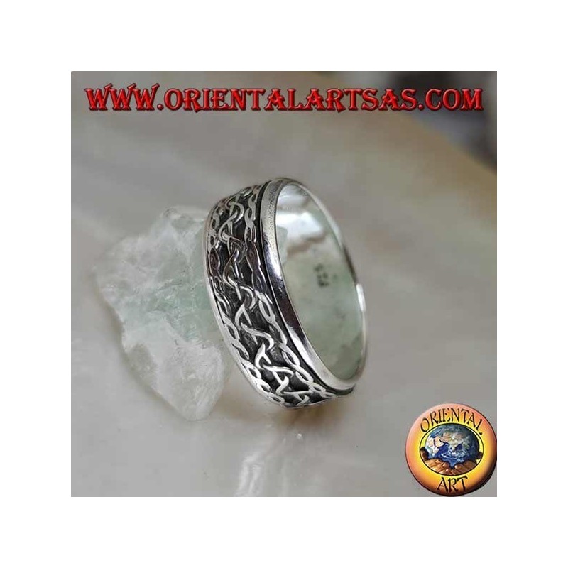 Anillo de plata giratorio antiestrés, líneas entrelazadas con movimiento de onda central