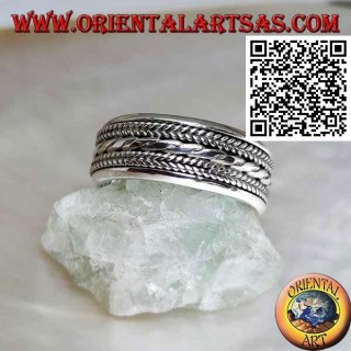 Anello fedina in argento girevole antistress, cordino tra intreccio