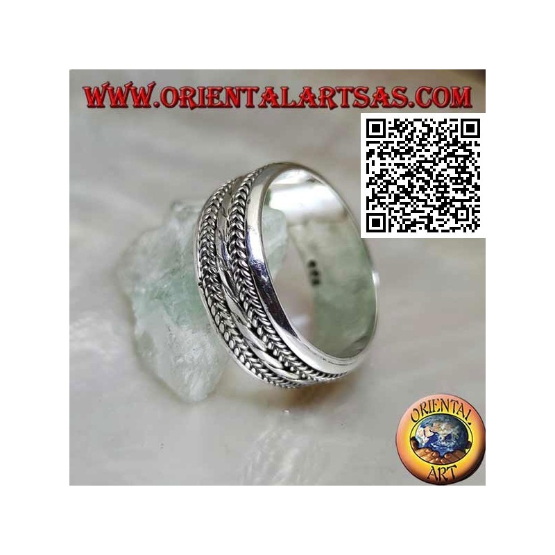 Anello fedina in argento girevole antistress, cordino tra intreccio