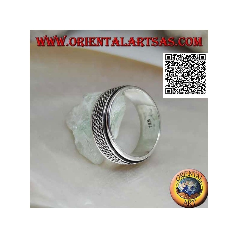 Anti-stress rotating silver band ring, quadruple rolled cord