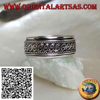 Anillo de plata giratorio antiestrés, semicírculos entrelazados entre cordones