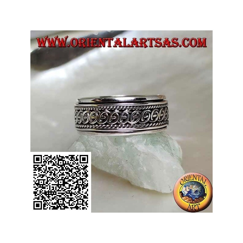 Anti-stress rotating silver band ring, intertwining semicircles between cords